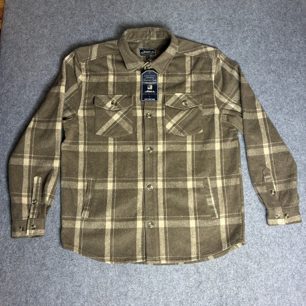 Distortion Shirt Jacket Mens XXL Brown Plaid Wool Blend Heavy Flannel Shacket